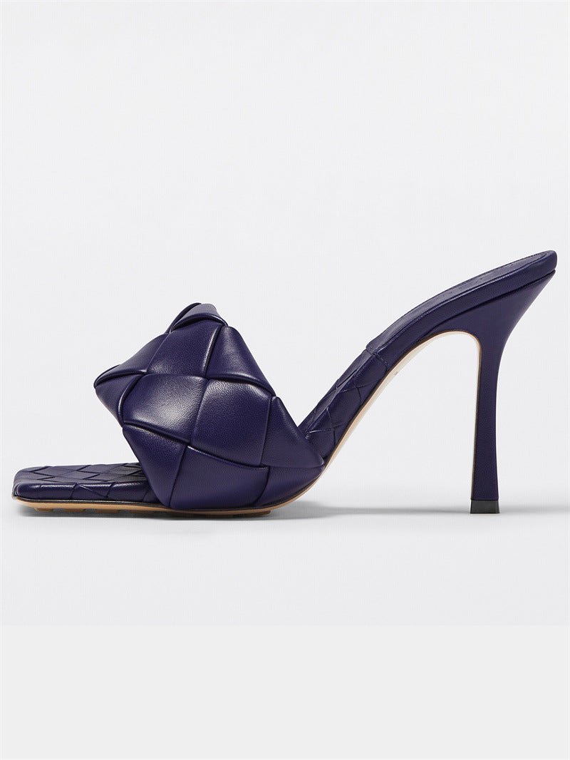 Women's Summer Woven Square Toe Stiletto Large High Heeled Sandals