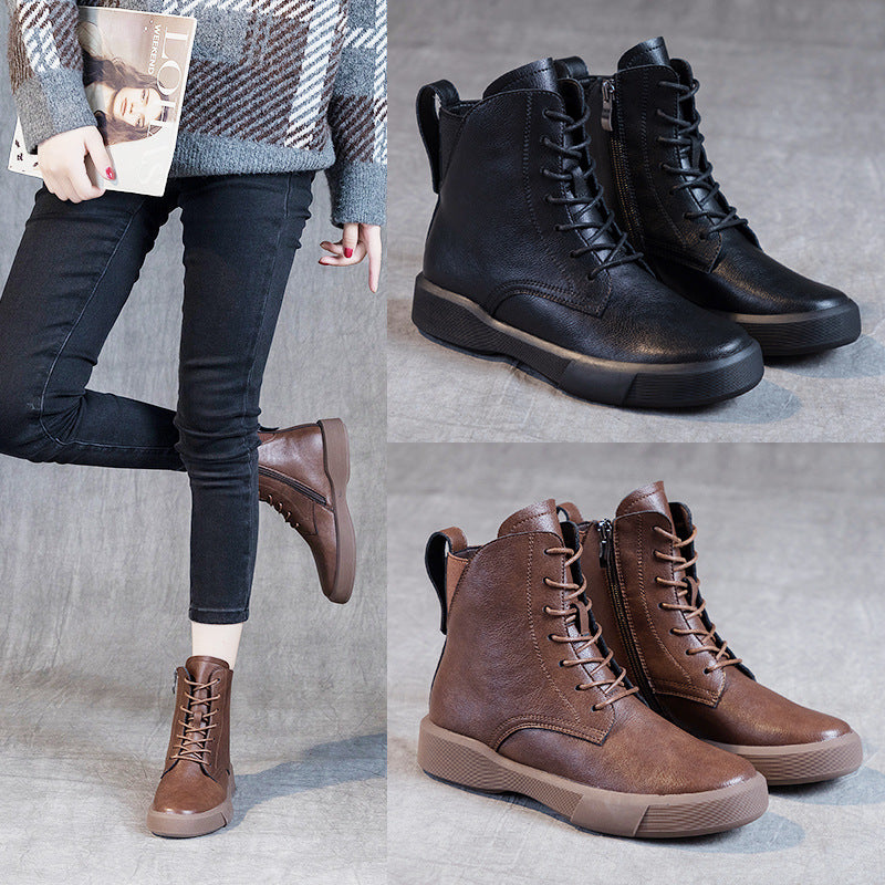 Women's Versatile Cowhide Short British Retro Platform Women's Leather Boots