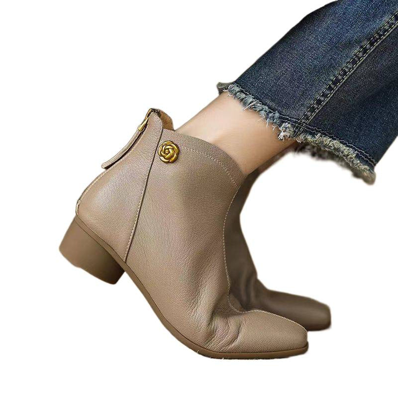 Women's Short French Style Warm Bottom Thick Ankle Niche Women's Leather Boots