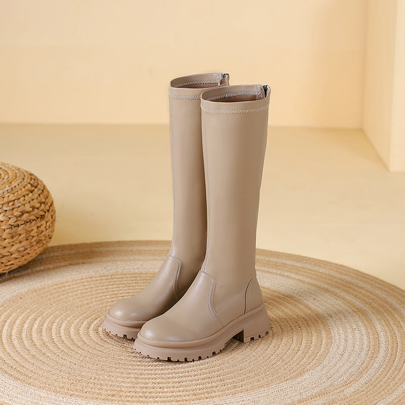 Platform Large Small Size Fleece-lined Below The Knee Fat Widened Women's Leather Boots