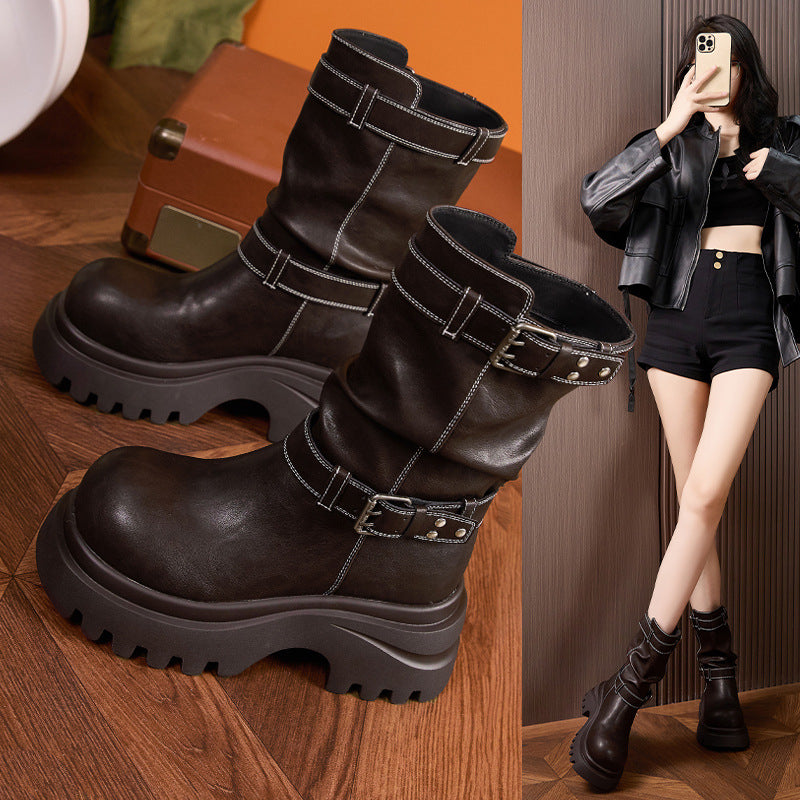 Women's High British Style Pleated Pile Belt Buckle Women's Leather Boots