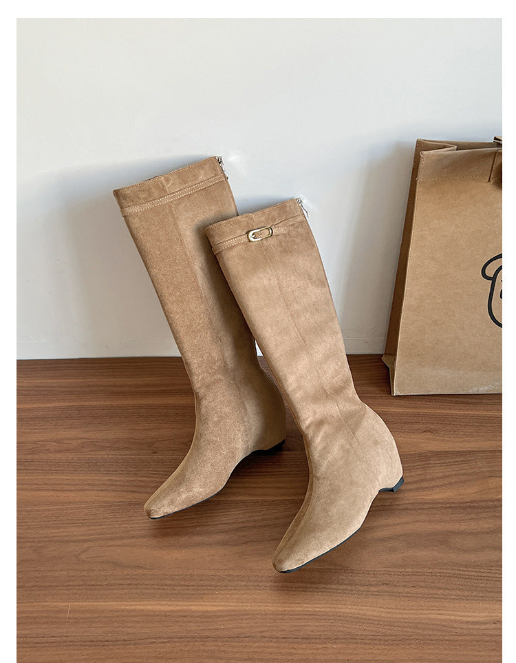 Women's Cowhide Version Small Height Increasing Insole High-heeled Women's Leather Boots