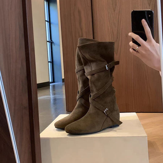 Korean Round Head Buckle Soft Pleated High Women's Leather Boots