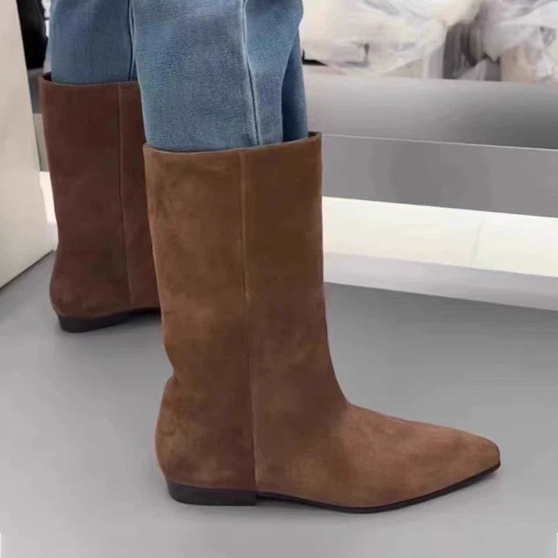 Women's Sheepskin Version Minimalist Pointed Flat Western Cowboy For Women's Leather Boots