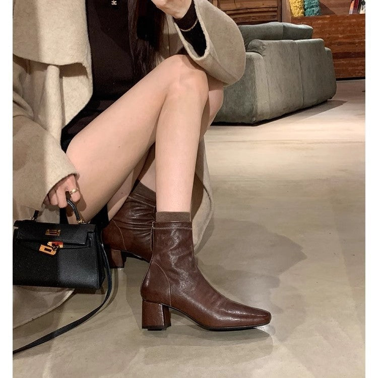 Women's French Style Square Toe Distressed Shrink Horse Slimming Chunky Women's Leather Boots