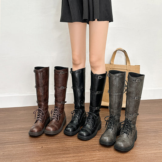 Fat Round Toe High Leg Widened Women's Leather Boots