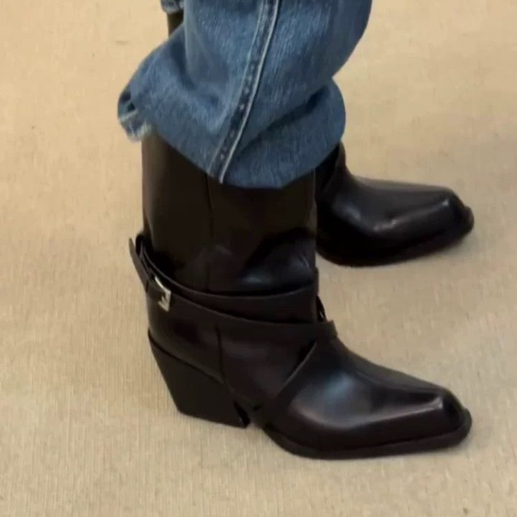 Women's Retro Square Toe High High-heel Martin Commuter Chunky Boots
