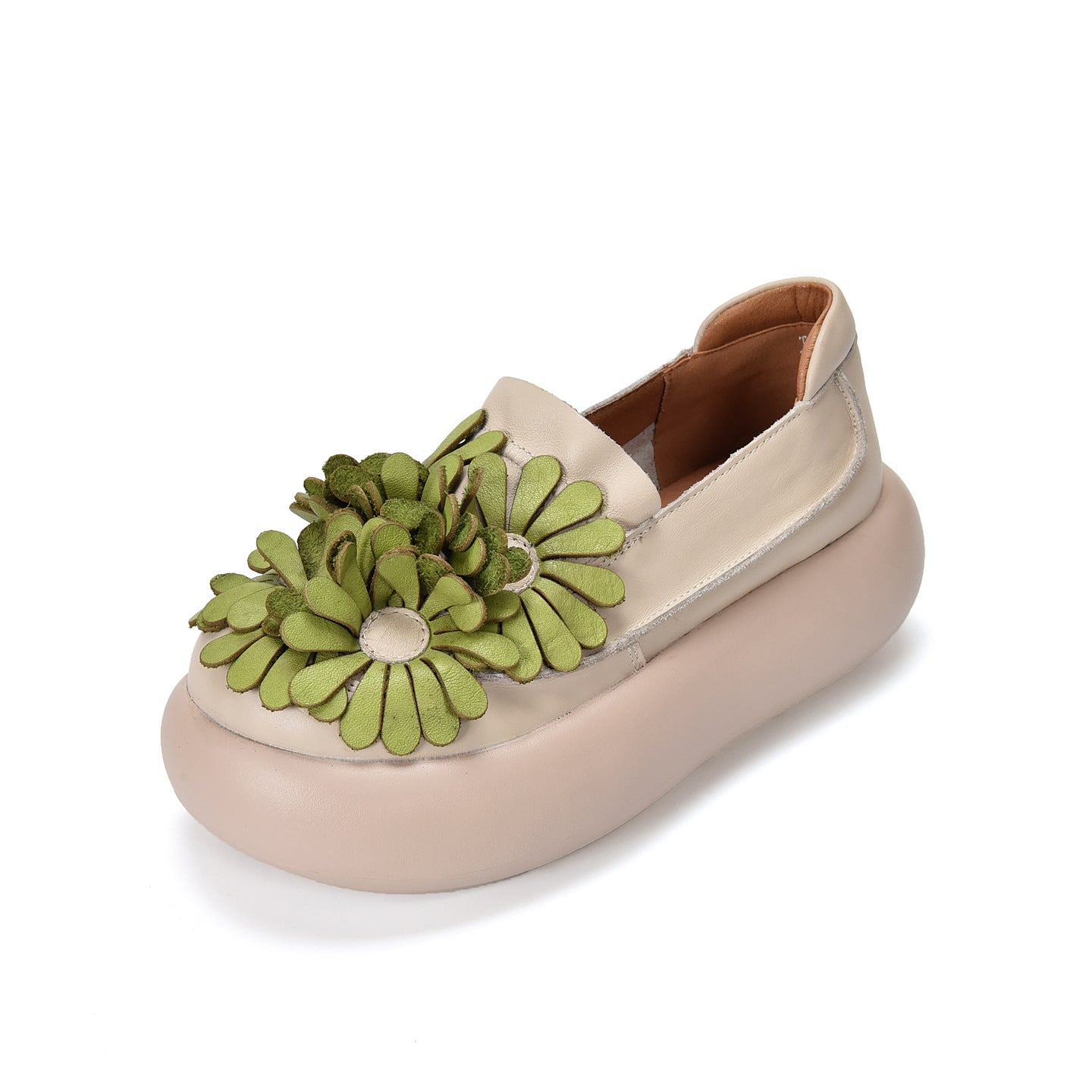Women's Cowhide Retro Artistic Large Flower Thick Bottom Platform Spring Low Women's Casual Shoes