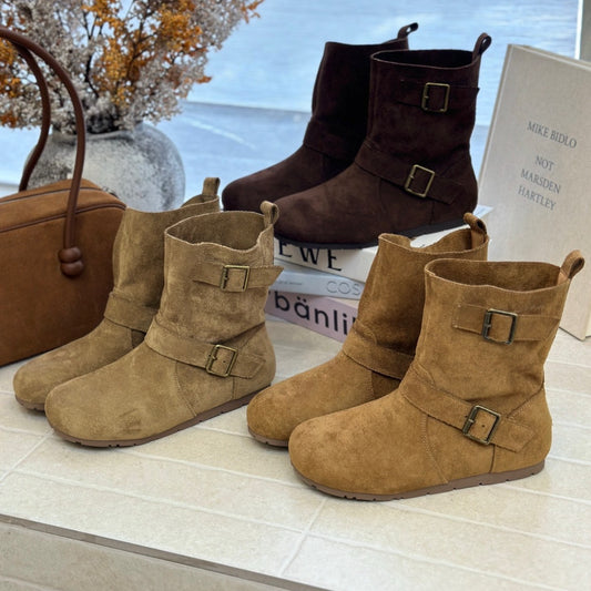 Women's European Goods Frosted Real Belt Buckle Booties Autumn Flat Fashion Boots