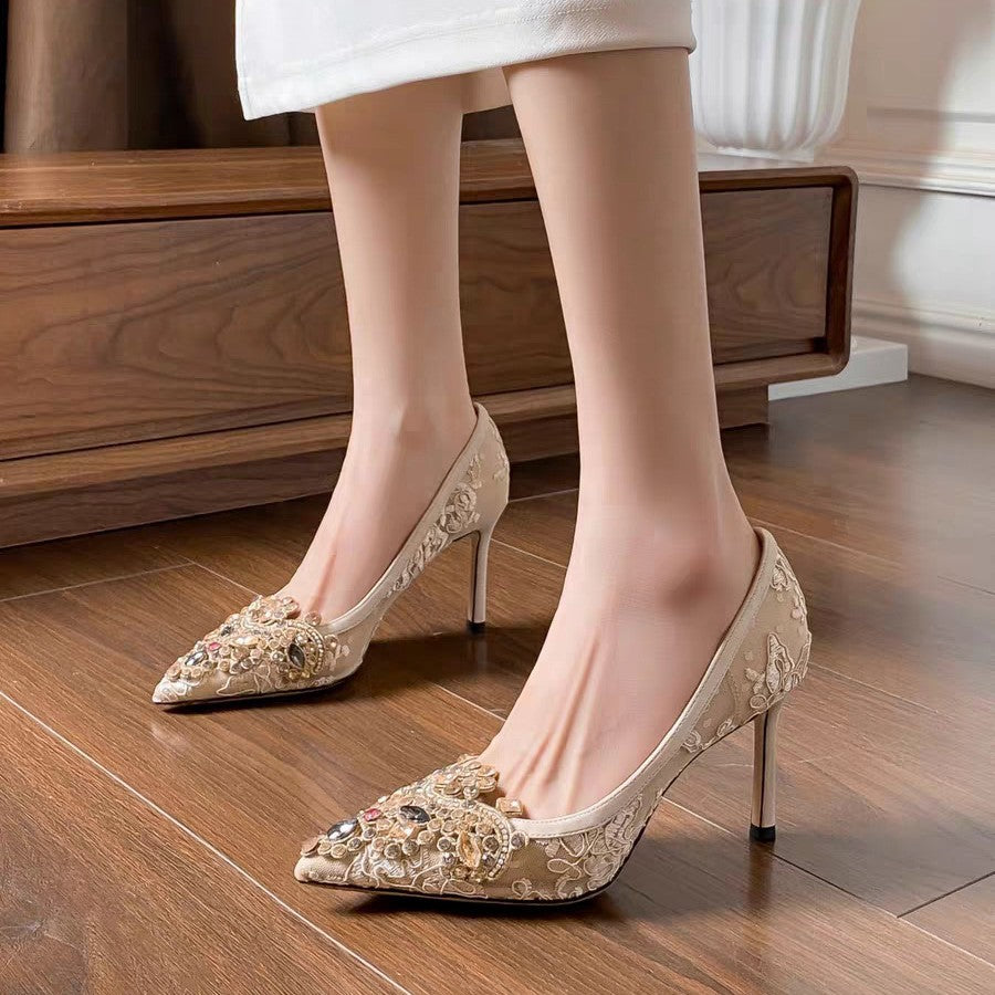 Women's Lace Stiletto French Style Temperament Color Dignified Rhinestone Pointed Heels