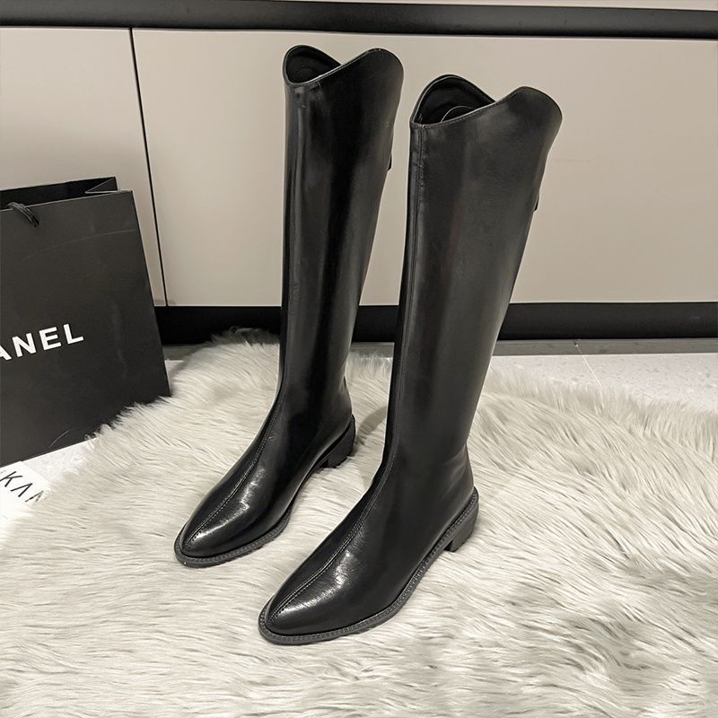 Long V Cut Milk Tea Brown Chunky Female Winter Small Women's Leather Boots