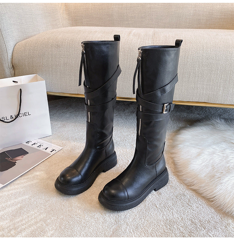 Female Front Zip Platform Below The Knee Biker Fat High Women's Leather Boots