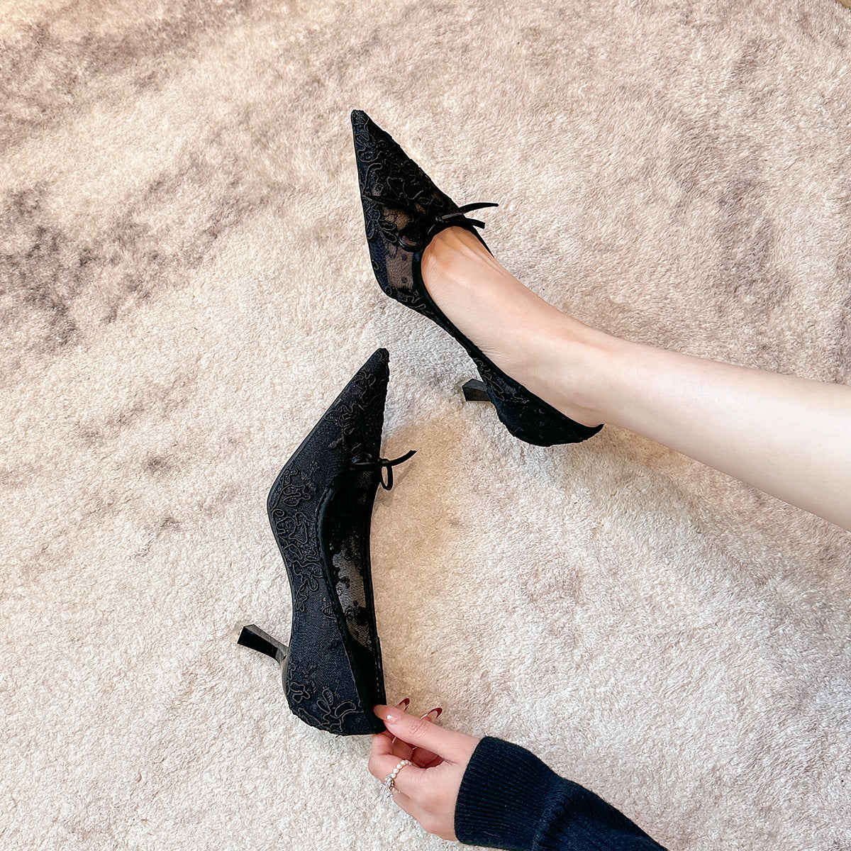 Women's Lace Pointed Toe High Spring Bow Mesh Stiletto Banquet Women's Fashion Shoes