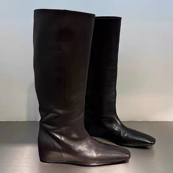 Women's Square Head Slimming Simple Height Increasing Insole Wide Tube Knight Women's Leather Boots