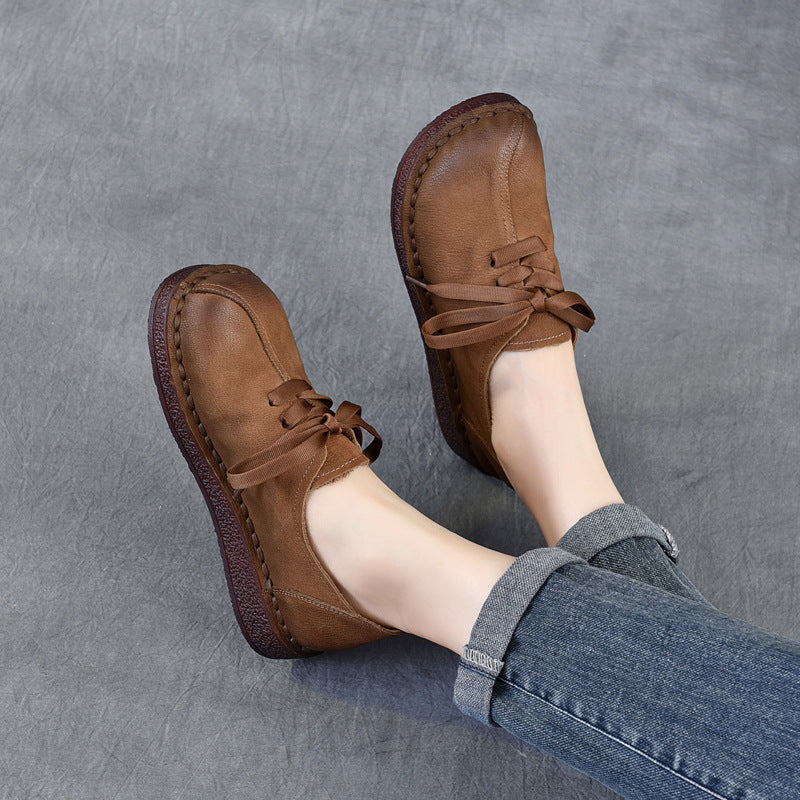 Women's Spring First Layer Cowhide Ethnic Style Retro Lace Up Flat Men's Shoes