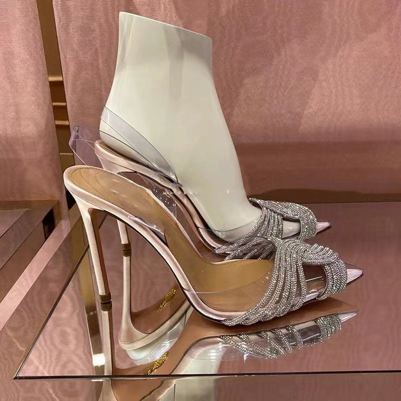 Toe Cross Rhinestone High Rear Empty Shallow Mouth Sweet Banquet Women's Fashion Shoes