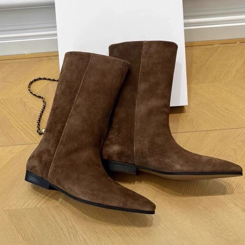 Women's Sheepskin Version Minimalist Pointed Flat Western Cowboy For Women's Leather Boots