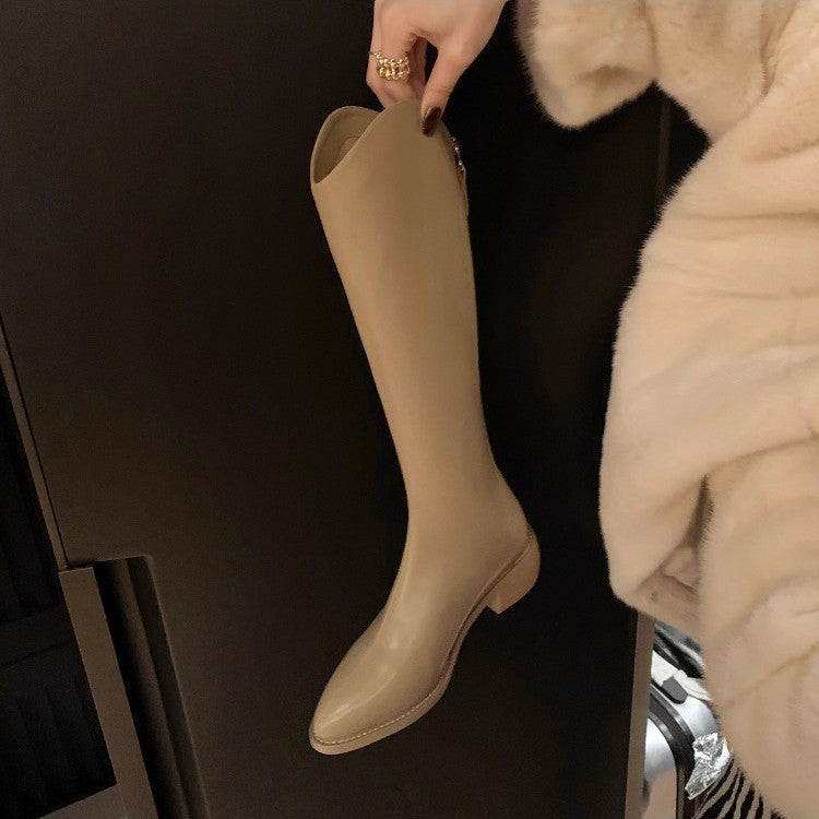 Women's Outer Wear High Leg Below The Knee V Cut Thick Women's Leather Boots
