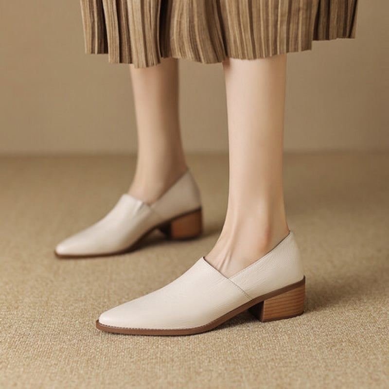 Genuine Handmade Pointed Sheepskin Temperament Deep Mouth Chunky Pumps Female Women's Casual Shoes