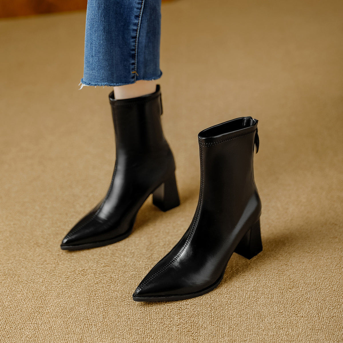 Women's Pointed Toe Chunky Booties Style Versatile Simple Back Zipper With Women's Leather Boots