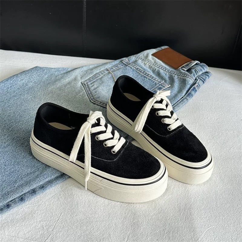 Women's Layer Cowhide Reverse Made Board Thick Bottom Korean Sneakers