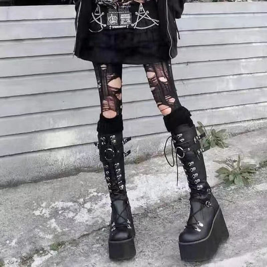 Women's High Thick Bottom Knight Dark Style Punk Leg Round Head Women's Leather Boots