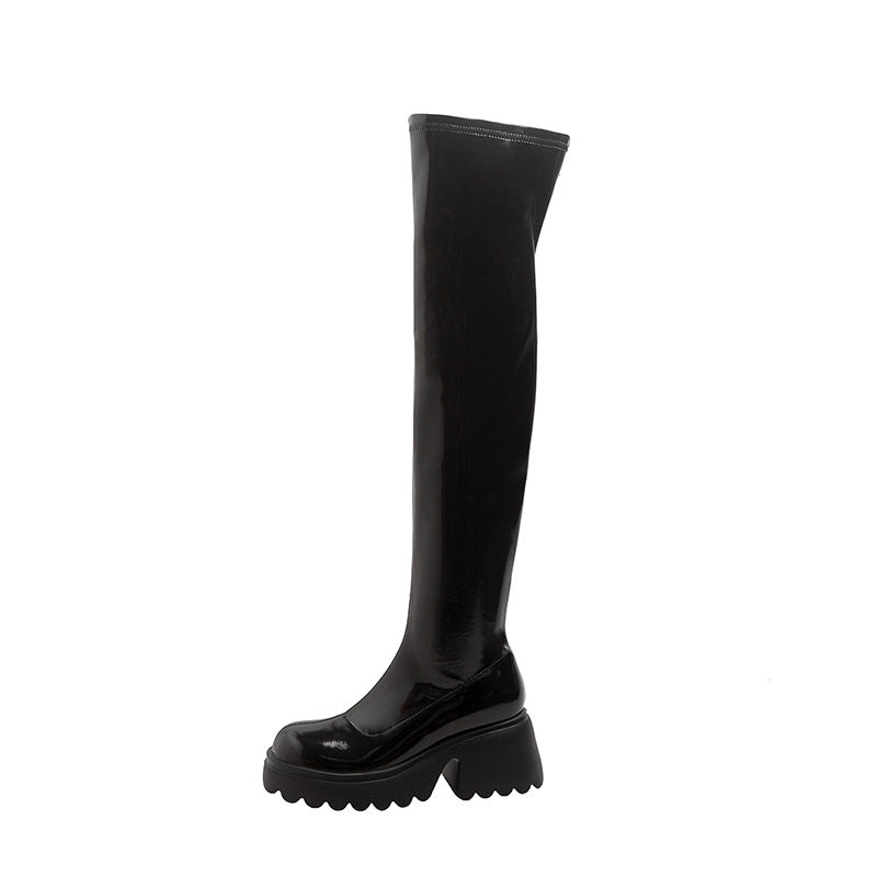 Small Stretch Female Height Increasing Patent Platform Waterproof Over Women's Leather Boots
