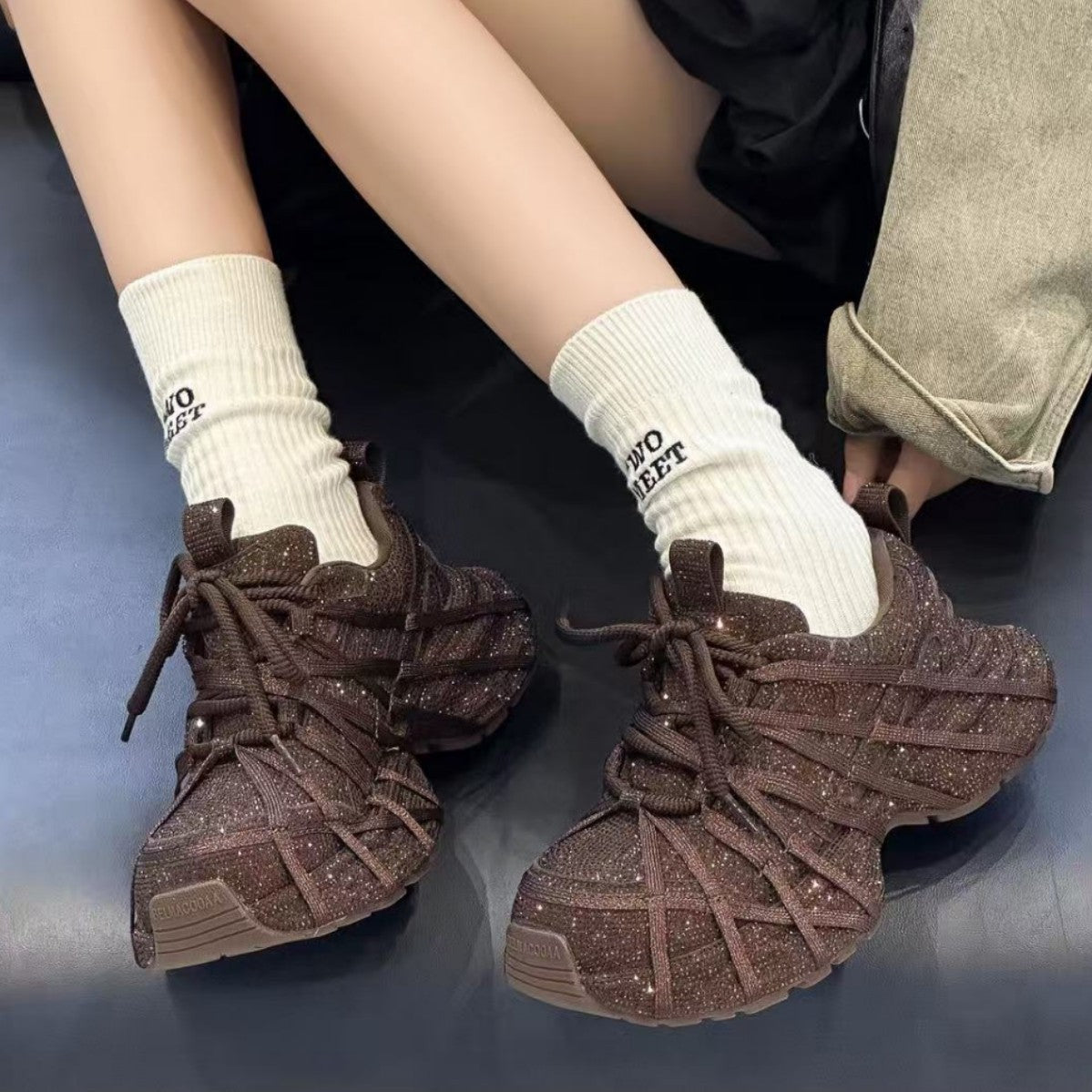 Women's Full Diamond Strap Platform Dad Fashion Casual Shoes