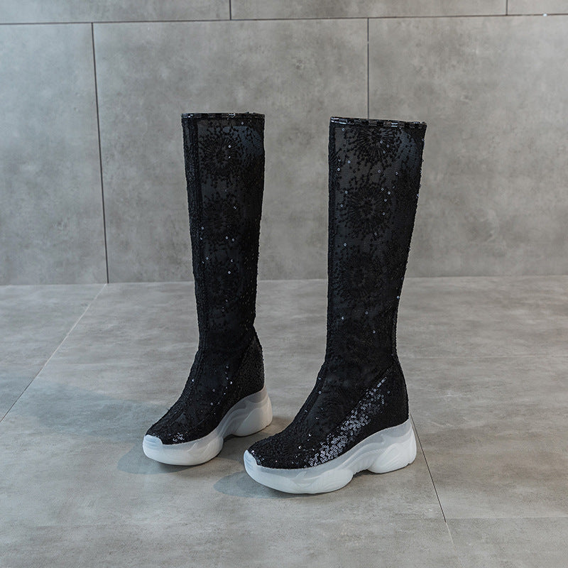 Women's Insole Embroidered Back Zipper Small Slim Below The Women's Leather Boots