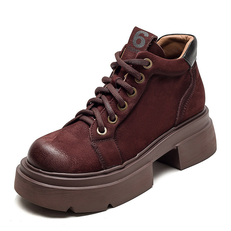 Women's Autumn Round Toe Solid Color Front Martin Versatile Fashion Platform Women's Leather Boots