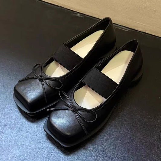 Vintage Low-cut Mandarin Duck Square Head Ballet Pumps Bow Heels