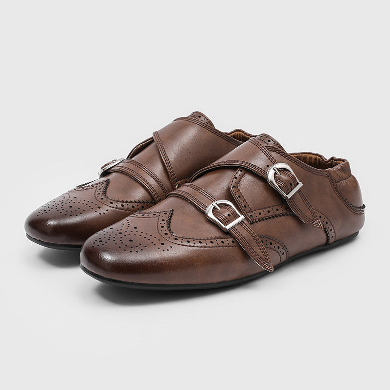Men's Spring Round Toe Buckle Flat Brogue Nude Men's Shoes