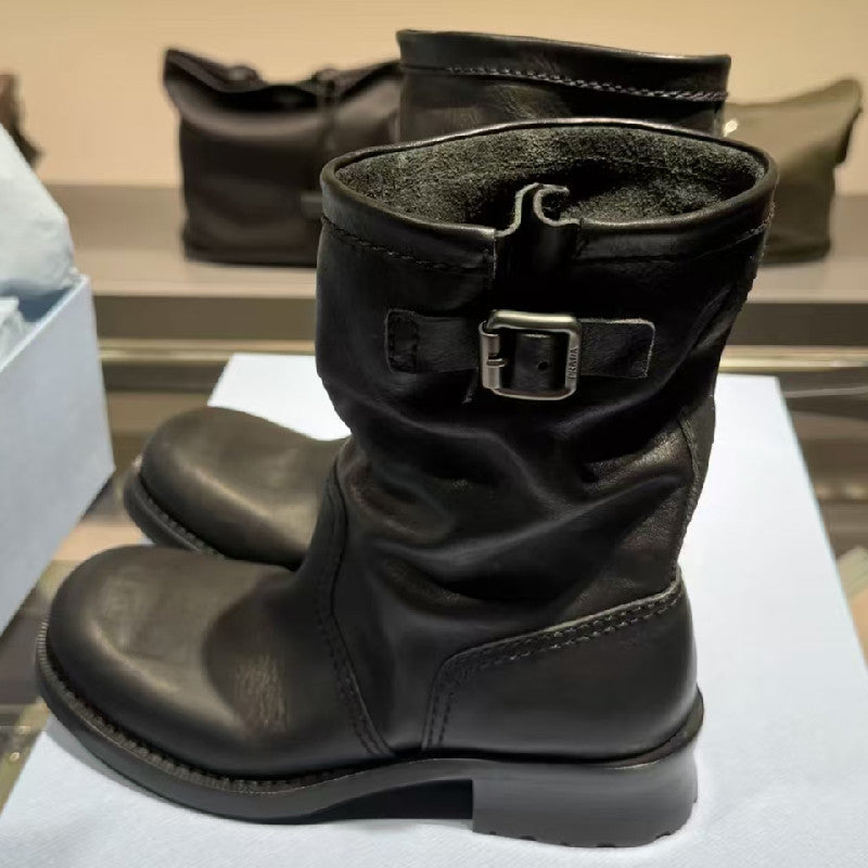 Women's Retro Handmade Pleated Martin Thick Bottom Chunky Women's Leather Boots