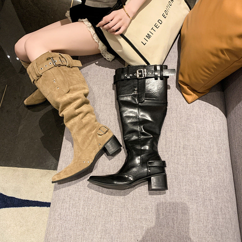 Women's The Knee Pointed Toe Chunky Black Pile Women's Leather Boots
