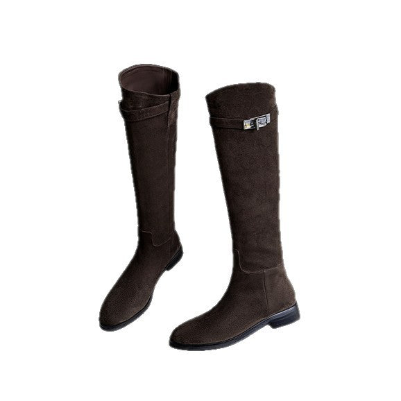 Oblique Lock Tall Knight Round Head Women's Leather Boots