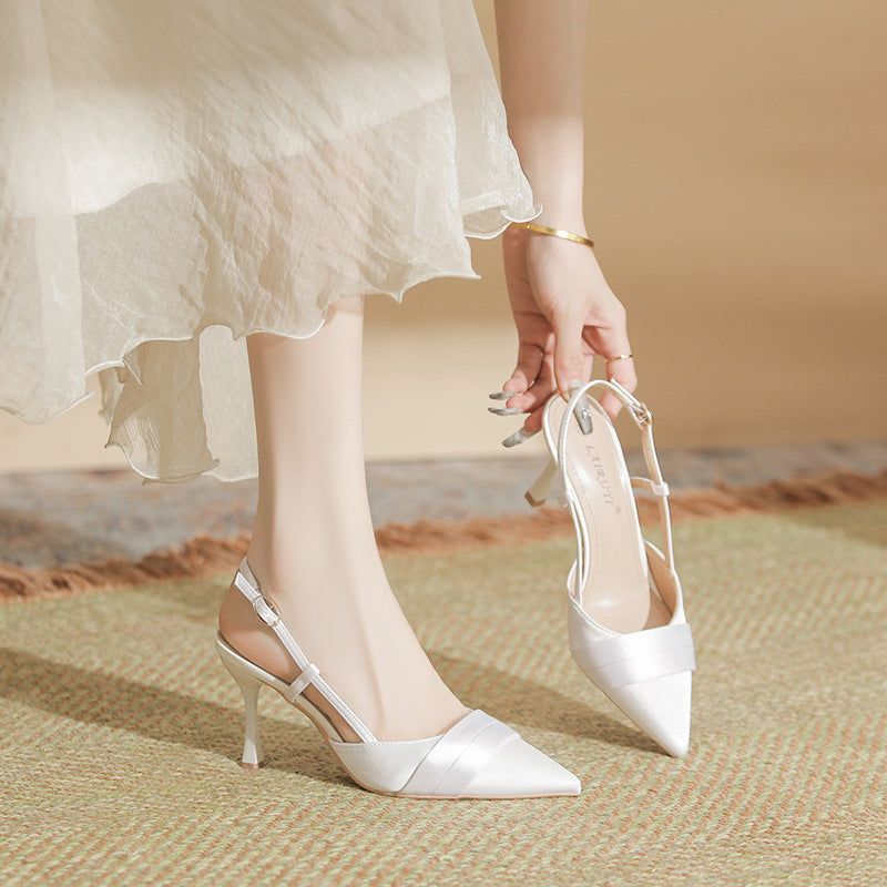 Women's Stilettos Pointed French Style Temperament Satin Buckle Simple Heels