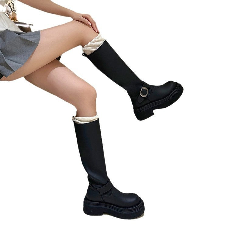 Belt Buckle Below The Knee Female Round Toe Thick Bottom Boots