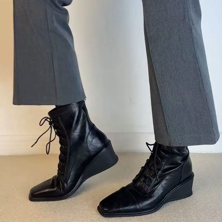 Version Wedge Height Increasing Skinny British Style Martin Female Square Women's Leather Boots