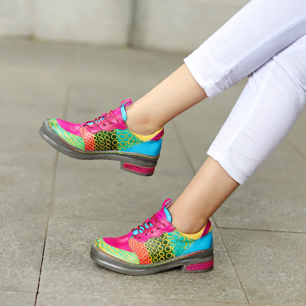 Women's Genuine Retro Contrast Color Chunky Flat Women's Fashion Shoes