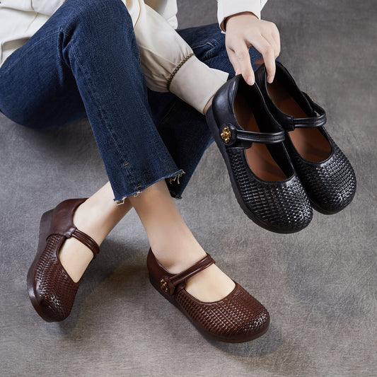 Women's Genuine Soft Bottom Flats Vintage Low-cut Pumps Hand-woven Mary Women's Casual Shoes