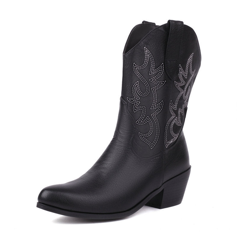 Women's Plus Size Vintage Embroidery Western Cowboy Chunky Round Boots