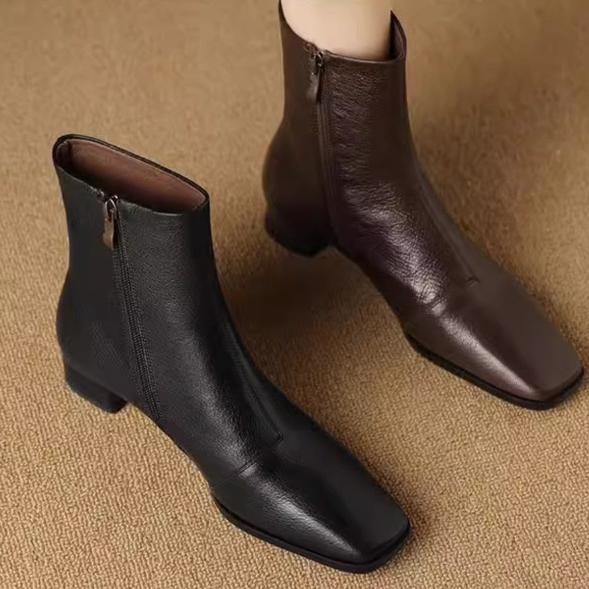 Women's Black Retro Ankle French Square Toe Chunky Women's Leather Boots
