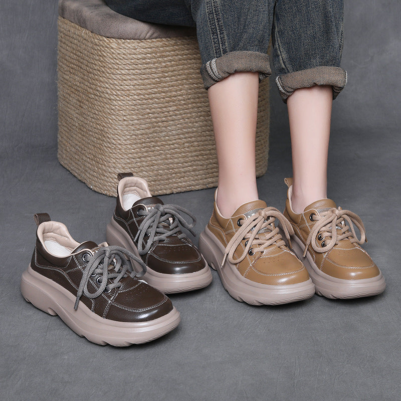 Women's First Layer Cowhide Platform Pumps Spring Soft Bottom Wild Round Women's Casual Shoes