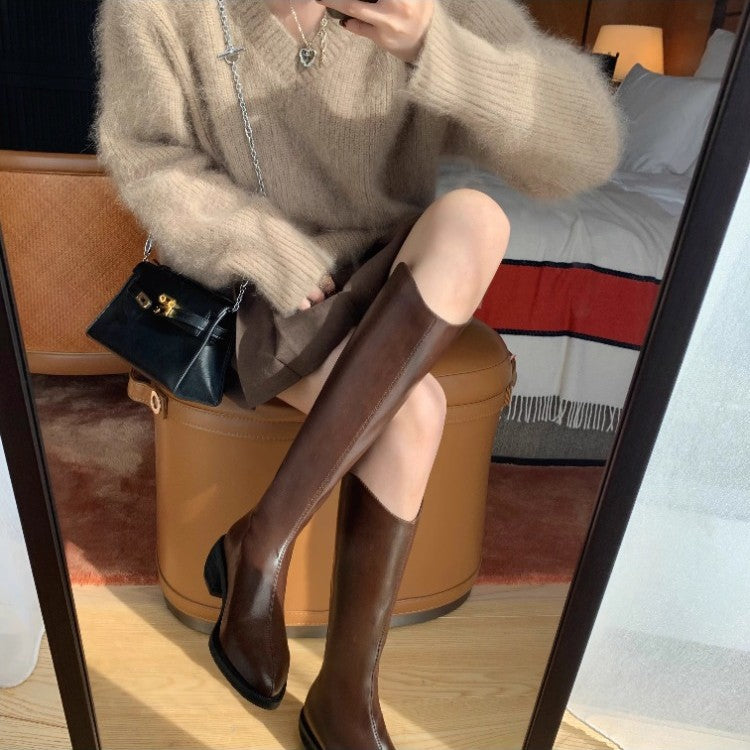 Women's Outer Wear High Leg Below The Knee V Cut Thick Women's Leather Boots
