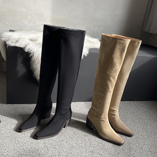 Women's Chunky Knee-high High Retro Slimming Pleated Pile Style Long Wide Women's Leather Boots