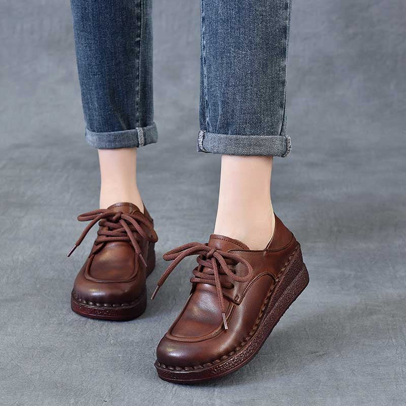 Women's First Layer Cowhide Wedge Mom Comfortable Four Women's Casual Shoes
