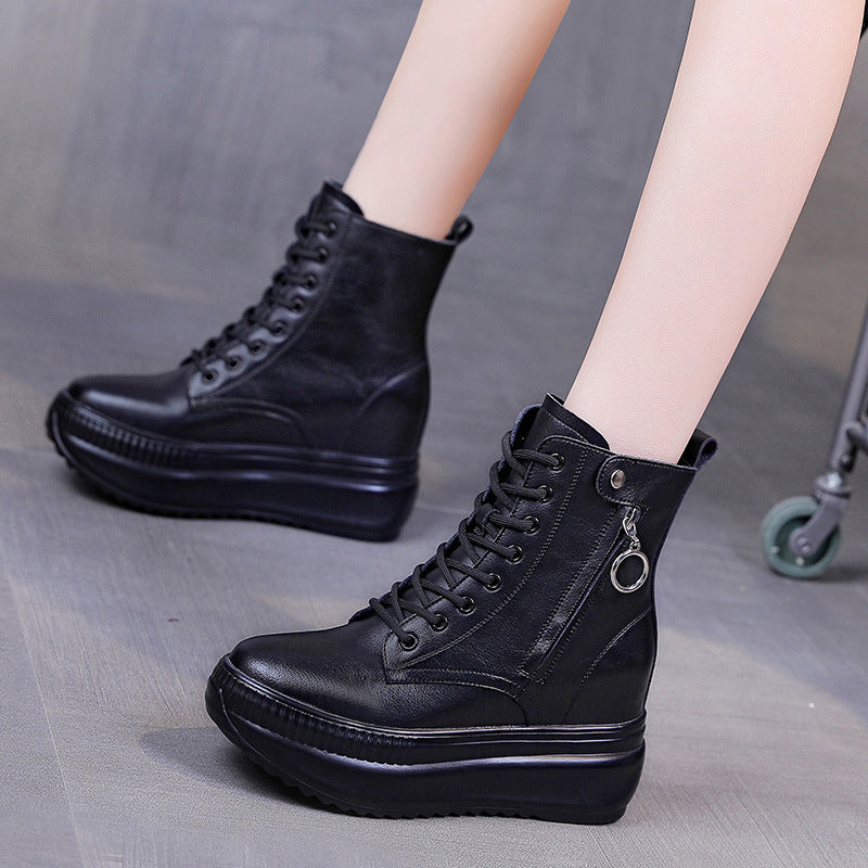 Women's Height Increasing Insole Small Thick-soled Ankle British Style Women's Leather Boots