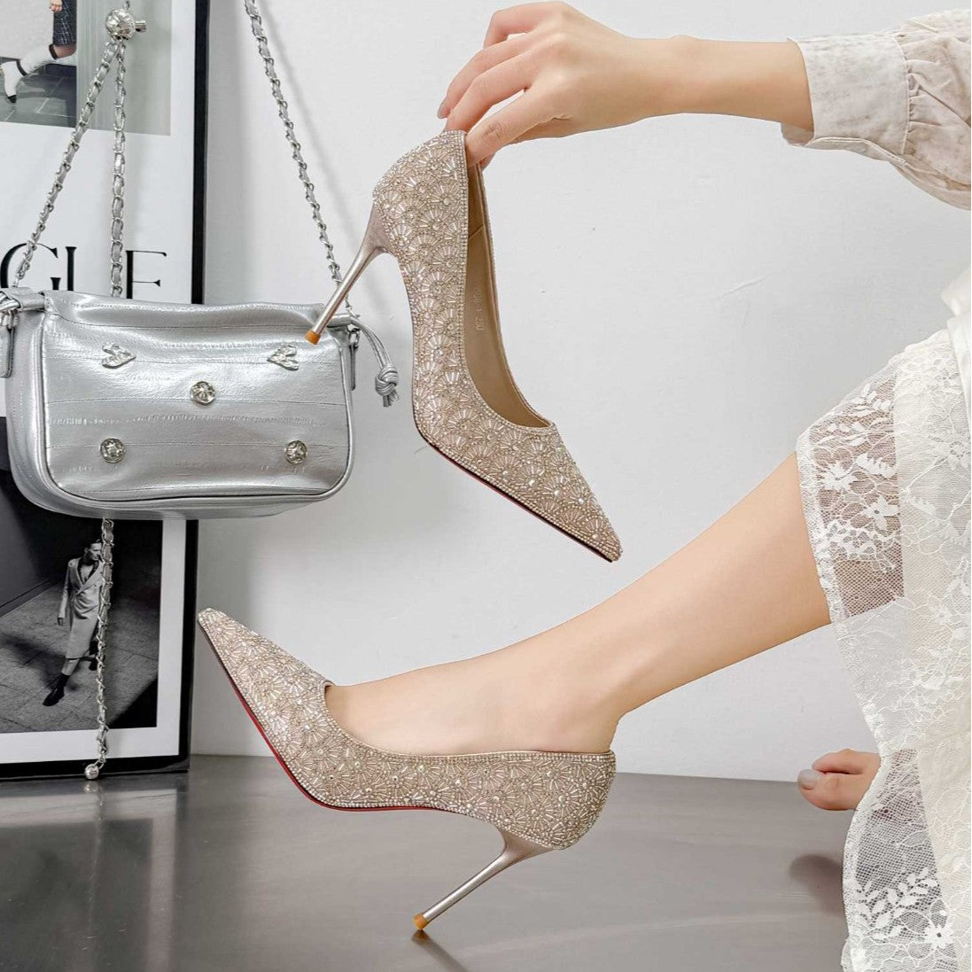 Women's Spring Pointed Crystal Pearl Full Diamond Low-cut Stiletto High Women's Fashion Shoes