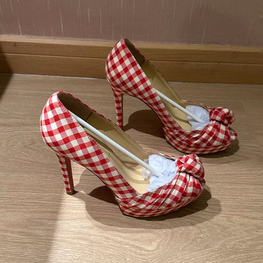 Women's Red Plaid Retro Peep Toe High Stiletto French Style Temperament Heels