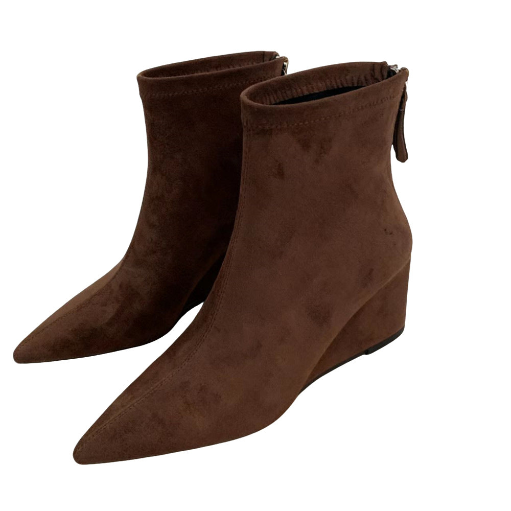 Women's Pointed Toe Back Zipper High-heeled Skinny High-grade Wedge Women's Leather Boots